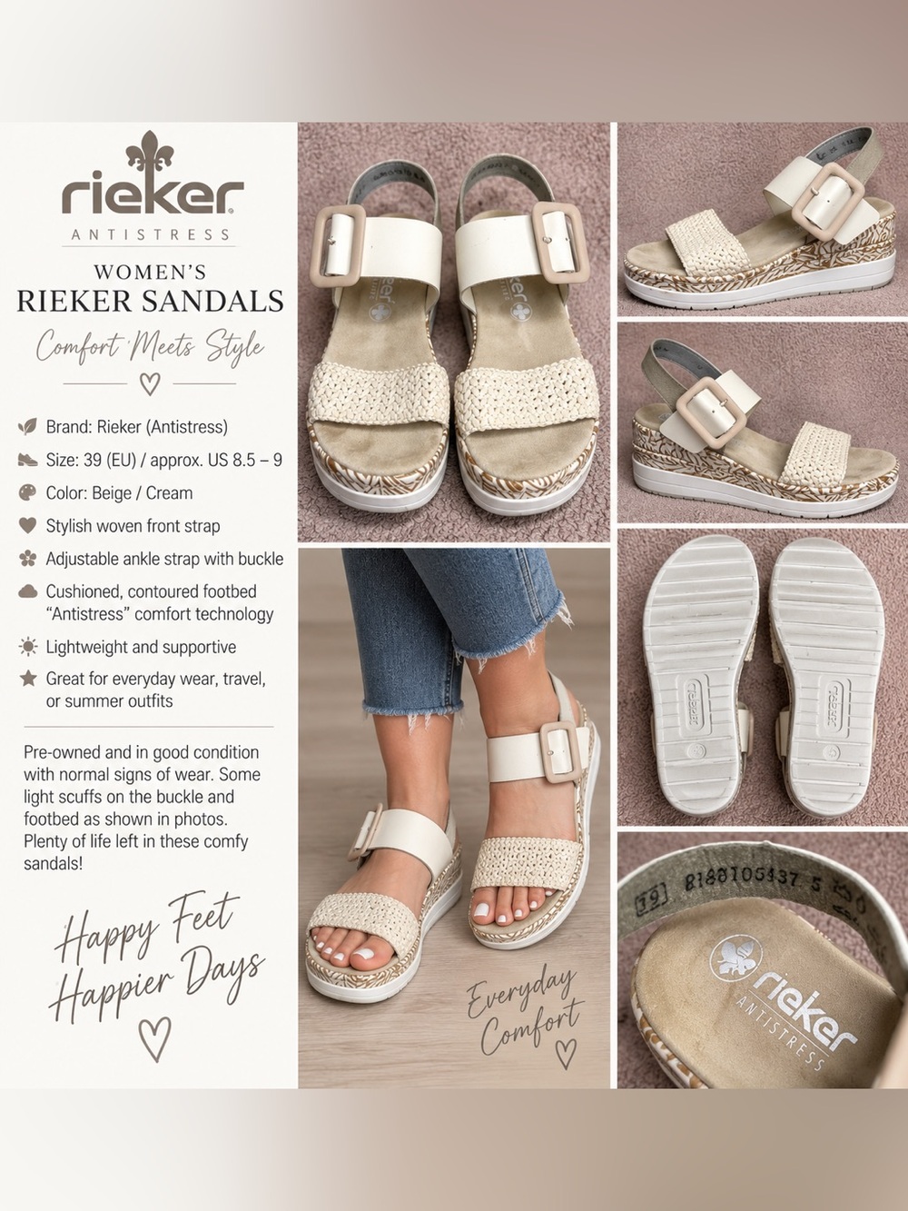 Rieker Antistress Women’s Cream Woven Platform Sandals Size 39 EU